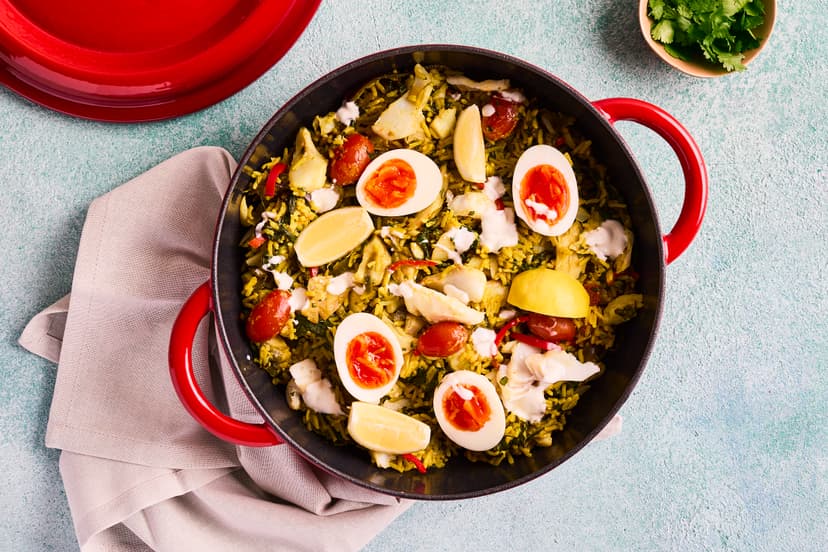 Kedgeree is a super-versatile dish that makes a brilliant brunch, lunch or dinner. Tender flakes of smoked haddock are the star, stirred into mildly curried rice with onion, tomato and spinach, then garnished with lemon, sliced chilli, yogurt and the traditional topping – hard-boiled eggs.