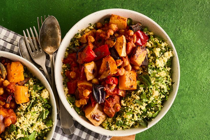 Exotic enough to be exciting, simple enough for midweek and mild enough to appeal to everyone around the table, this butternut, red pepper and chickpea tagine is a sure-fire crowd-pleaser. What’s more, it’s absolutely divine with the refreshing mint, coriander and pea shoot couscous.