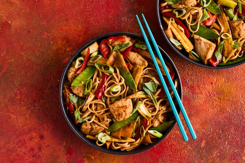 If youʼre nuts about noodles, thisʼll wok your world! Our slimming-friendly version of a takeaway classic is crammed with chunks of chicken, crunchy baby corn, mangetout, carrot and red pepper, while a gingery five-spice marinade ramps up the flavour. Best of all, itʼs on the table in just half an hour.