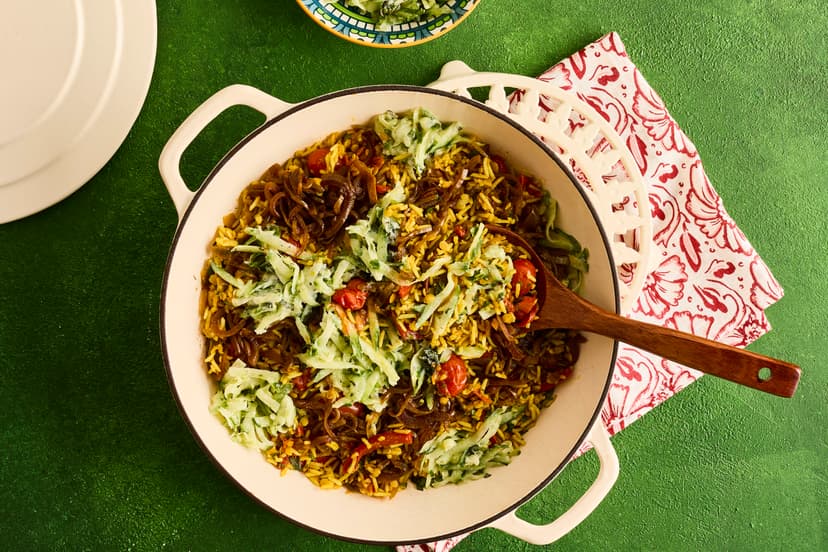 They say variety is the spice of life, and this jam-packed dish offers it by the bucketload (as well as plenty of actual spice). Curried rice and lentils are stirred into a warming sauce studded with juicy tomatoes and chunks of red pepper, then topped with red onions and dollops of refreshing cucumber raita. Basmati rice has never had it so good!