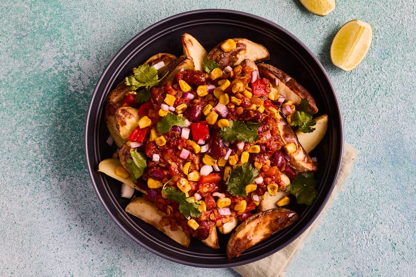 Are you ready to take chilli night to the next level? Seasoned potato wedges are smothered with a warming vegan chilli packed with filling lentils and kidney beans. Scatter with blackened corn and coriander, squeeze over lashings of lime and settle in for a good time.