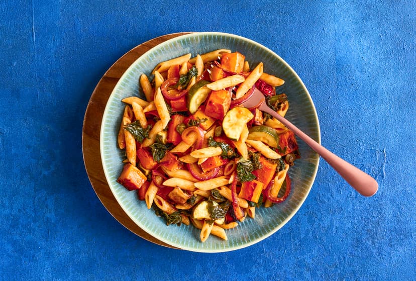 You can’t beat a bit of roasted butternut squash – it’s divinely squidgy and seriously good tossed through this hearty teatime hero along with cavolo nero and courgettes. Salty capers, fragrant fennel and good old garlic give the tomato sauce a sophisticated upgrade.