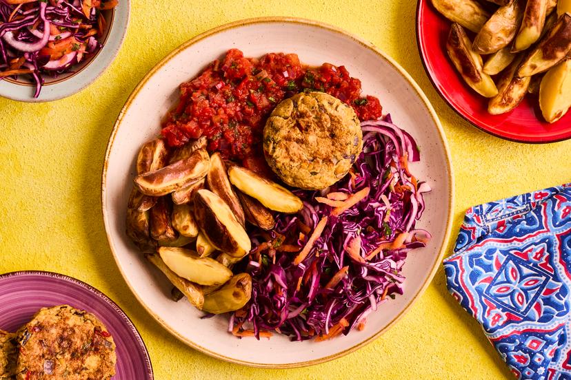 Fancy a burger fix? Meet these Middle Eastern-inspired vegan patties, made with mildly spiced chickpeas and served with potato wedges and a tangy tomato, coriander and chilli relish. A lip-puckering sweet ’n’ sour slaw adds zip to the mellow falafel burgers. Delicious.