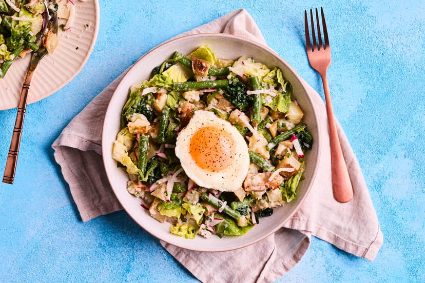 This warm salad, made with chunks of roasted potato, crunchy radish and gem lettuce, green beans and baby spinach, in a creamy, mustardy, red wine vinegar and shallot dressing, bursts with summer flavour. And best of all it’s topped with a golden fried egg – what’s not to love?!
