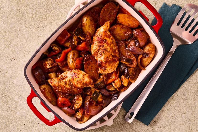 The next best thing to a holiday in the sun, this delicious medley combines roasted chicken and potatoes with a veg-fest of onion, pepper, courgette and aubergine, smothered in a herby tomato sauce. And good news for whoever’s doing the washing-up, it’s all cooked on one tray!