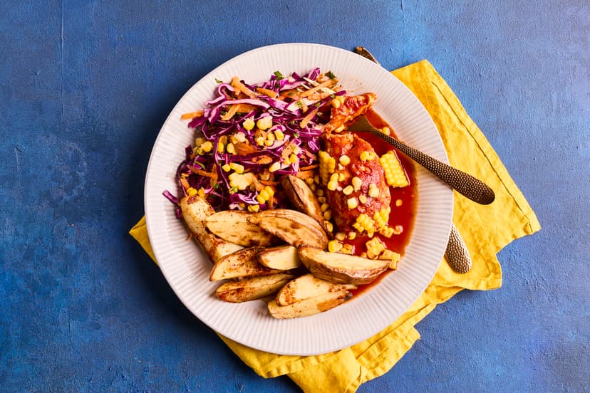 This is a real crowd-pleaser! Tender fried chicken breast in a smoky, herby, tangy sauce, served with golden potato wedges, a zingy cabbage, carrot and onion slaw and a scattering of sweetcorn.