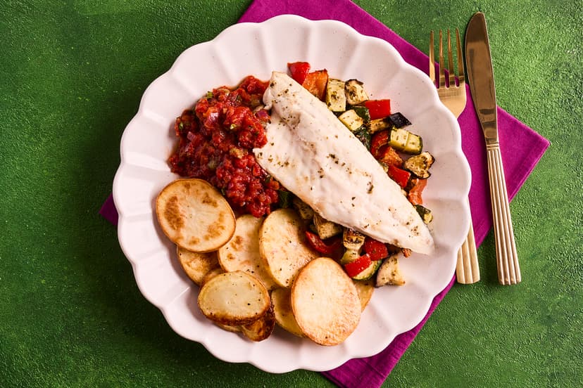 A posh midweek supper, tender sea bass fillets perch on a bed of roasted aubergine, courgette and peppers, served alongside crispy roast potatoes and a punchy puttanesca-style sauce of tomato, garlic and capers. It looks – and tastes – the business!