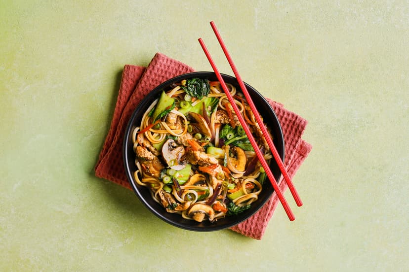 Tender duck and Chinese five-spice are a match made in marinade heaven. Add some sizzled onion, carrot, chestnut mushrooms and pak choi, drizzle in a little oyster sauce and tamari, finish with rice noodles and a spring onion garnish and you’ve got a fakeaway you’ll never forget.