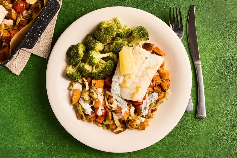 The delicate aniseed flavour of fennel is the perfect complement to hake fillets roasted with lemon. Just add sweet leek, tomatoes, sweet potato and broccoli, plus a fragrant basil sauce. And, to make life easy, it’s all done in the oven. Supper, sorted.