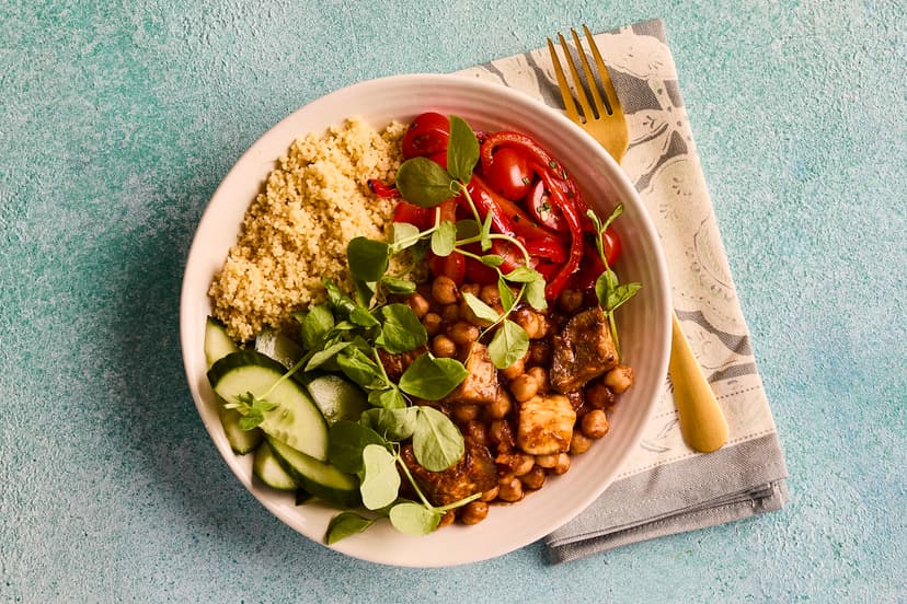 A medley of flavours and textures, this bowl of delights has couscous, cucumber, pea shoots, a zingy tomato and red pepper salsa and – the star of the show – a warming roasted aubergine and chickpea stew made with our special Middle Eastern spice mix. Prepare to be bowled over!