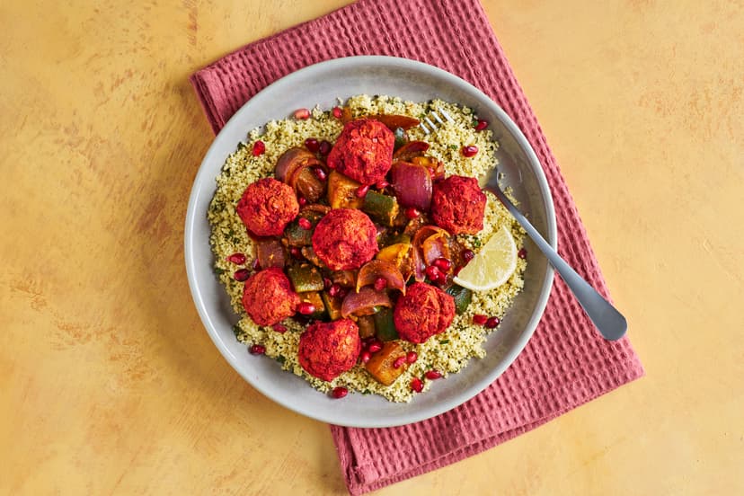 Prepare to fala-fel in love... These vibrant, fragrant chickpea balls are made with beetroot and sweet potato, too. Served with a garlicky, minty pile of onion and courgette couscous, and finished with a squeeze of lemon and a scattering of pomegranate seeds, they’re hard to beet!