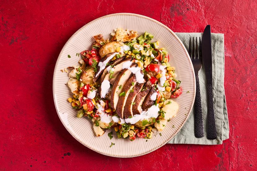 Smashed potatoes are a hot TikTok trend and our vegan version is next level! We’ve topped crispy golden potatoes with chunky portobello mushrooms roasted with cumin seeds and a punchy salsa of fried corn, pepper, tomato and spring onion. Wow!