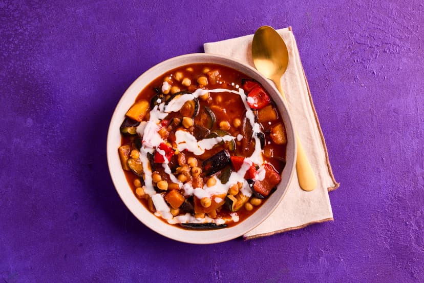 Our warming harissa paste is a fast, easy way to inject all kinds of dishes with a little North African magic. Here, it’s tossed through squidgy chunks of roasted butternut squash and Med veg, then stirred into a chickpea and tomato stew. A drizzle of cooling yogurt balances the spice beautifully. It’s the culinary opposite of a wet Wednesday!