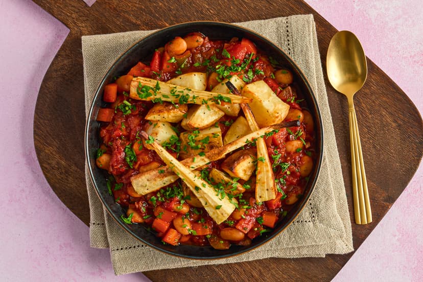 Butter beans are having a moment in the spotlight – and it’s not surprising when they’re such a good source of protein and fibre (so they’re super filling), and have a deliciously creamy texture. Here they’re the star of a herby stew with tomatoes, pepper and carrot, served with roasted parsnip and potatoes. Bean me up, Scotty!