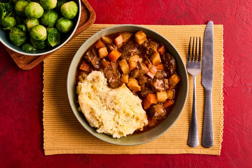 This heart-warming dish stars tender steak simmered with carrots, celeriac and onion in a rich, savoury sauce given a touch of magic with Henderson’s Relish. Served simply with thyme-scented mashed potato and sprouts, it’s comfort food at its best.