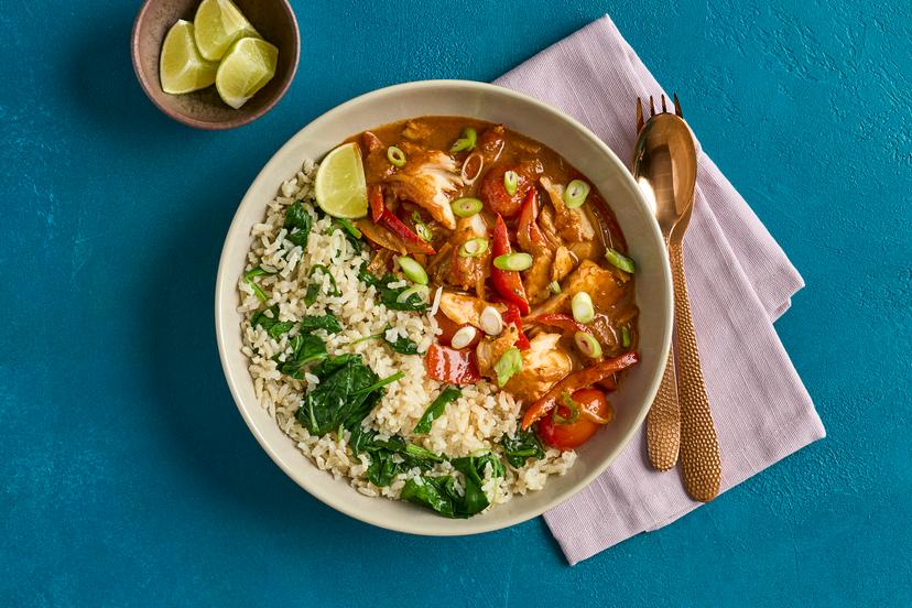 If your taste buds fancy a change of scene we recommend this colourful stew, infused with jerk seasoning, ginger, thyme and a dash of Caribbean sunshine! Tender flakes of cod, tomatoes, red pepper and spring onions are served with spinach-flecked brown rice, and a squeeze of lime guarantees a totally tropical time.
