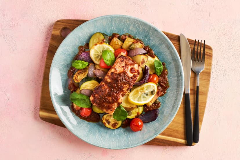 What a showstopper! The base of roast potatoes, courgette, red onion and tomatoes, scattered with capers and lemon slices, is the perfect support act for salmon fillets rubbed with a spicy sun-dried tomato paste. Scatter with basil, drizzle over a sun-dried tomato dressing and take a bow.