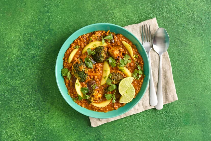 This ‘bung it all in’ meal barely counts as cooking. Simply grate sweet potato into an ovenproof dish, add broccoli, aubergine, spring onions, lentils and the ingredients for your mild tomato curry sauce, then get it in the oven. Before you dive in, top with mango, coriander and lime. Job done – with no stress and minimal mess!
