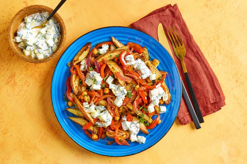 We’ve turned fries into a filling Indian feast! They’re oven baked with a sprinkling of masala spice, then loaded with a chunky pepper and chickpea curry in spicy tomato sauce, served with a refreshing mint and cucumber raita. Possibly the best plate of chips ever!