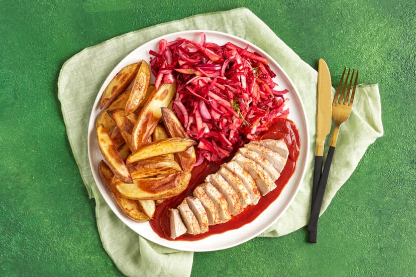 Has a pork supper ever promised – and delivered – so much? Besides the tasty slices of tenderloin there are crispy wedges (just begging to be dipped in that tangy barbecue sauce), and an extra-special slaw that teams beetroot, fennel, apple and chilli together. Delish!