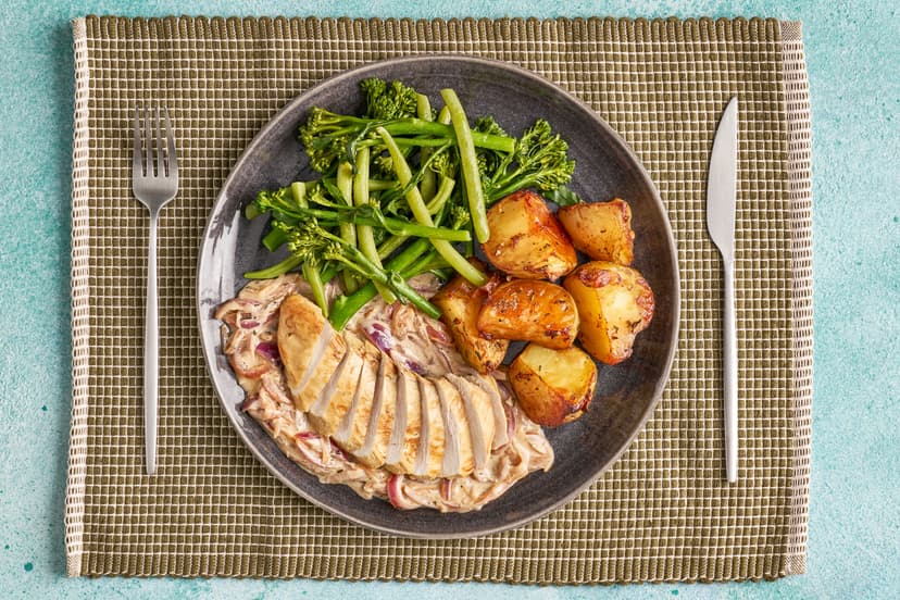 If you’re Team Marmite, you’ll love the savoury umami hit it gives these crispy roast potatoes. And if you’re on the fence? This might just be the recipe that wins you over! One thing’s for sure, everyone will love the creamy onion sauce (simmering the chicken breasts in it keeps them nice and juicy, too).
