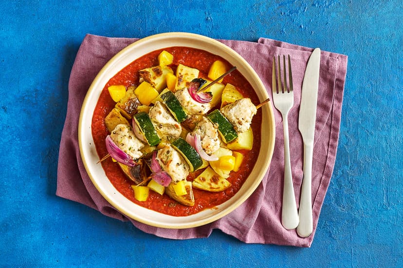 Love the iconic street food of Thailand? Take a whistle-stop excursion, courtesy of our aromatic skewers. Tender chicken, red onion and courgette chunks are dunked in a green peppercorn and lemongrass dressing, then grilled with potatoes and served on a red Thai curry and tomato base. A zingy mango salsa is the final flourish.