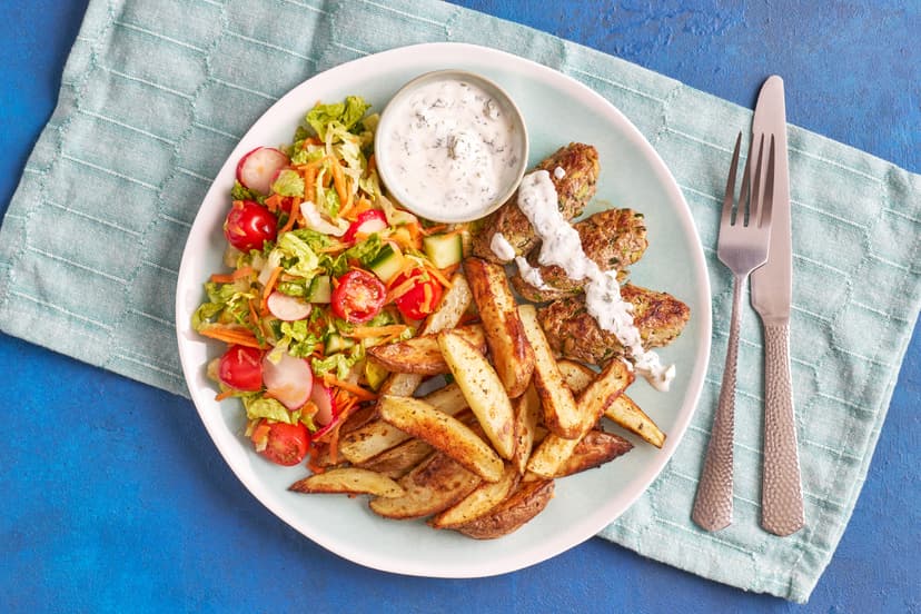 Kofta load of this! Beef kebabs, lightened with grated courgette and rich in Moroccan spices, are served with spiced potato wedges and a crunchy salad of tomato, cucumber, little gem, radish and carrot, with a cheeky minty yogurt dip.