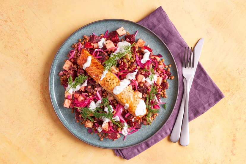 You’ll be in the pink with this colourful and flavour-packed dish. Grilled salmon fillet sits on a quick-to-make salad of lentils, onion, apples and beetroot, dressed with garlic and lemon, and finished off with pickled red onion and dill-scented yogurt.