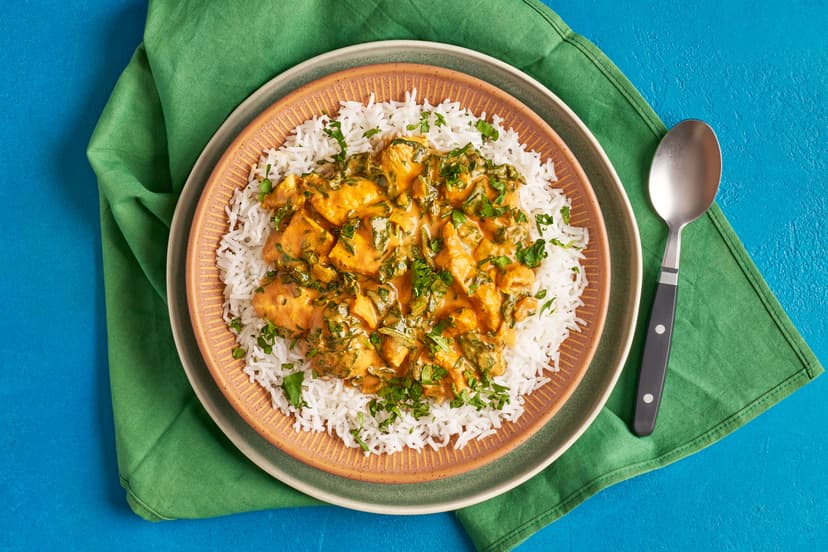 Craving a curry, like, right now?! Meet this marvellously mellow dish. Chicken breast chunks and spinach are gently spiced with ginger, garlic, cumin and curry powder, then enveloped in a creamy tomato sauce. Twenty minutes later, simply spoon onto rice, scatter over coriander and bask in the glow of another excellent dinner decision.