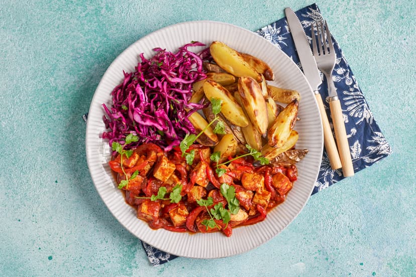 Enjoy that barbecue vibe without the faff. Smoked tofu is seared with peppers, smoked paprika and garlic then covered in a sauce perked up with sun-dried tomato paste and cinnamon. Add crispy wedges and a simple spiced slaw for a summery feast that’s ready in no time.