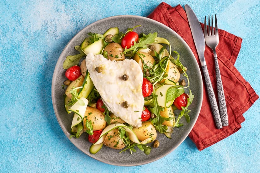 Sea bass fillets are sprinkled with lemon and baked with baby tomatoes and capers in a foil ‘parcel’ to keep all the fab flavours locked in. Served with parsley baby potatoes and a stylish courgette ribbon and rocket salad, tossed with mint and balsamic vinegar, it’s ‘restaurant energy’, minus the bill and the babysitter.