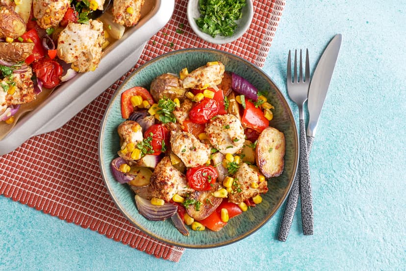 Our crowd-pleasing all-in-one bake of diced chicken breast, baby potatoes, tomatoes, red onion, red pepper and sweetcorn is pepped up with peri-peri-seasoning, chilli flakes, lime juice, garlic and fresh coriander. It’s a riot of flavour, a rainbow of colours and a real good time, guaranteed!