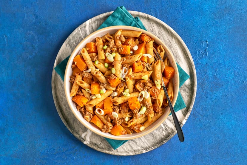 It’s mince, but not like Mum makes it… Onion, garlic and chilli-flecked beef mince is tumbled with roasted Cajun-spiced butternut squash and pasta, then sprinkled with spring onions. Perfect if you like your comfort food to come with a kick.