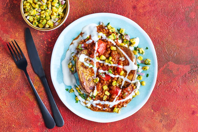Halving and scoring these baked spuds means they’re ready in record time (just 40 mins). Which is handy, because you’ll want to get stuck in to the lip-smacking lentil chilli and sweetcorn and coriander salsa ASAP! Drizzle with Greek yogurt and you’re good to go.