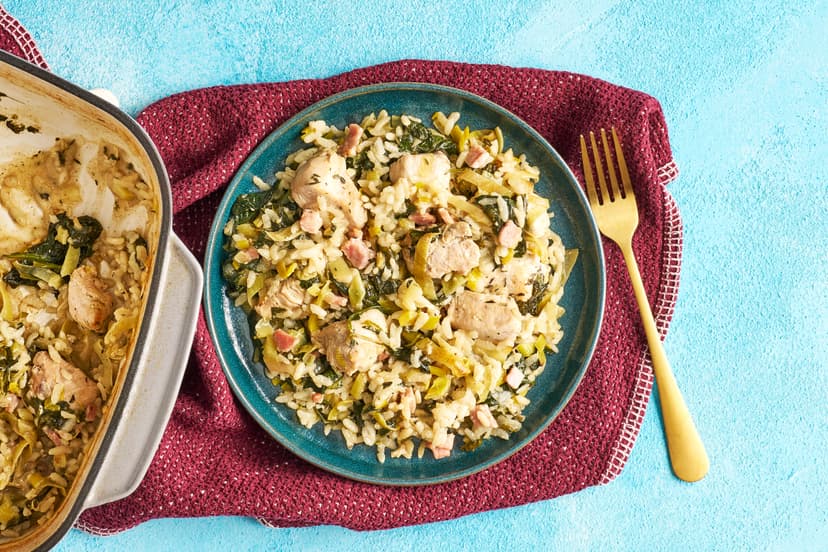 If you love a risotto but not the stove-top stirring, you’re among friends. Smoky bacon, tender chunks of chicken, leek, spinach and arborio rice, all jumbled together in a garlicky herb and miso sauce and baked to perfection. It tastes like you’ve been stood over it all evening, but we counted three stirs, tops.