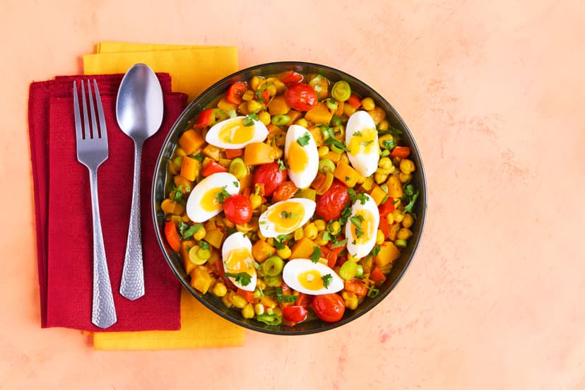 This easy stove-top curry certainly doesn’t skimp on flavour. Start with a fragrant base of butternut squash, red pepper and baby tomatoes sizzled with Indian spices, then add chickpeas, a splash of stock and a handful of coriander and spring onions. Crown it with soft-boiled eggs (because everything’s better with an egg, right?) and tuck in!
