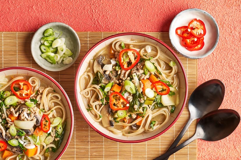 This Japanese-style noodle broth is so easy to whip up. Just sizzle pork mince, mushrooms and diced carrot in a pan, add pak choi, a squeeze of miso, ginger and garlic, stir in cooked rice noodles and scatter over coriander, chilli and spring onions. All the depth, all the slurpiness – none of the sweat!