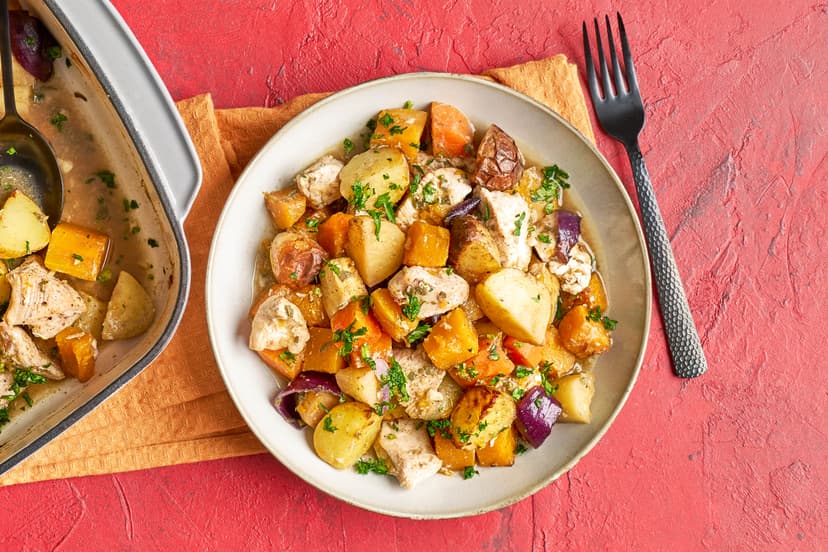 O Christmas tray, O Christmas tray, how scrummy are your flavours? Chunks of butternut squash, carrot, parsnip, red onion and baby potatoes are sprinkled with allspice and baked with diced chicken breast in a rich garlic and sage-infused gravy. Finally, stir through chopped parsley and serve. Sorry, pull your cracker… then serve.