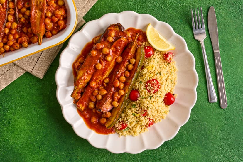 Warm the cockles of your heart with this classic Moroccan-style stew made with chickpeas, aubergine, courgette, roasted in harissa spices and simmered in a rich tomato sauce. It’s served simply with minty couscous and a squeeze of fresh lemon.