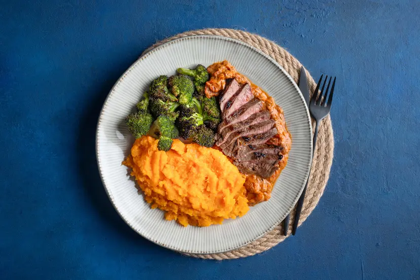 Lean, deliciously rich venison is teamed with a tangy tomato and balsamic sauce that truly makes it sing. Add butternut squash and sweet potato mash and roasted broccoli, and youʼve a satisfying supper to delight your senses.
