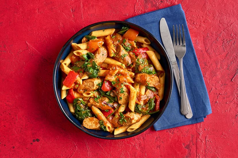 Sausages, spinach and red pepper are simmered in a tangy tomato sauce (with Henderson’s Relish adding oomph and paprika making it smokier than a sheriff’s gun) then stirred together with pasta. Yee-haw!