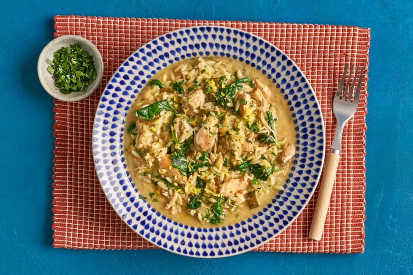 For melt-in-the-mouth meat, a slow cooker is your secret weapon. Weʼve teamed tender chicken thighs with courgette and onions and switched on the sunshine with preserved lemon, sun-dried tomato and oregano. Slowly simmered, then stirred with orzo, spinach and a zip of lemon, itʼs a real bobby dazzler!