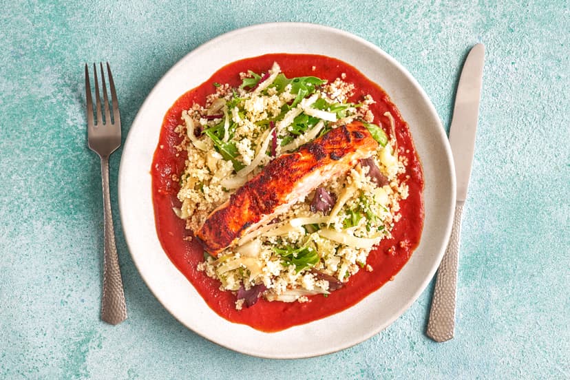 Our handy harissa paste does the heavy lifting in this fast and fabulous meal, infusing the salmon fillets with smoky fragrance as they char under the grill and spicing up the tomato sauce, too. Meanwhile, the fennel and mint-infused couscous brings a refreshing balance. It’s on the table in a mere 20 mins, but it definitely won’t taste like it!