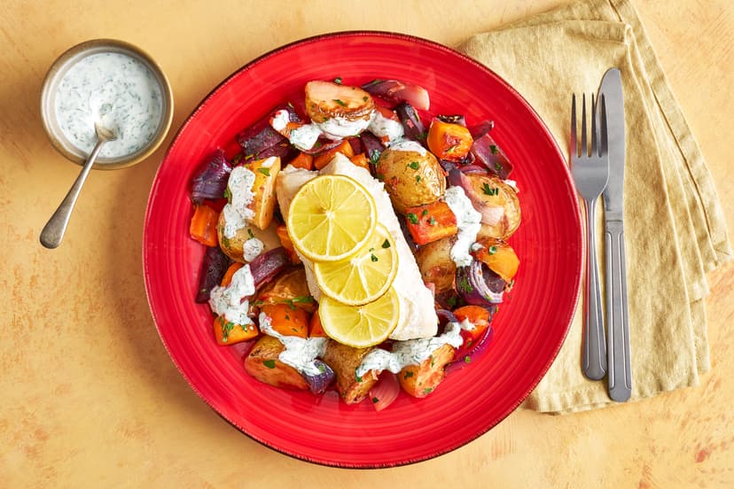 The best thing about this time of year? Going back to our roots! This one-tray feast of lemon-topped cod and roasted baby potatoes, beetroot, carrot and red onion – all drizzled with dill yogurt – is both bright and breezy and comfy-cosy, so it’s perfect for the transition to snuggly season.