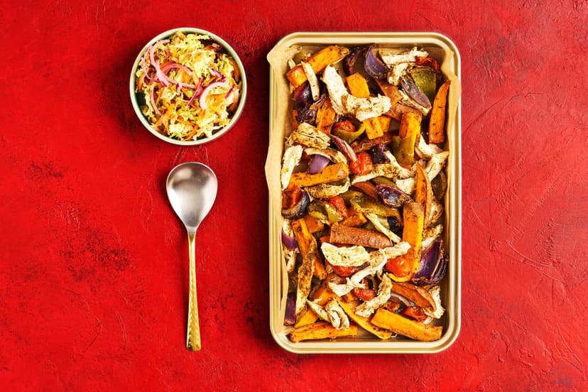 When hungerʼs raginʼ reach for our Cajun! The bayou flavours in our special spice mix show chicken, sweet potatoes, onion, pepper and tomatoes the time of their lives! Everything bakes in one tray while you whip up an easy peasy lime squeezy slaw – the perfect partner to slay chicken dinner cravings.