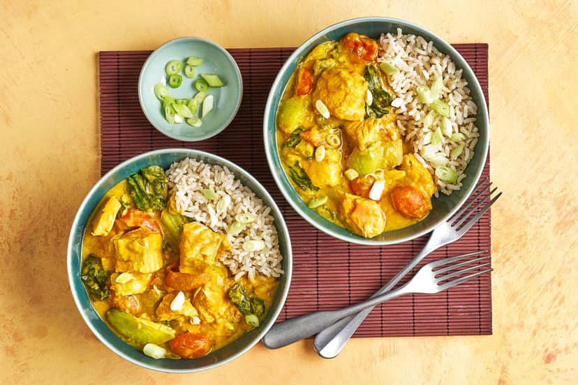 Chunks of salmon are simmered in a mild, silky curry sauce made with mashed sweet potato and Greek-style yogurt, and packed out with pak choi, tomatoes and spring onions. Simply serve with brown rice, then prepare to grin and bare it!